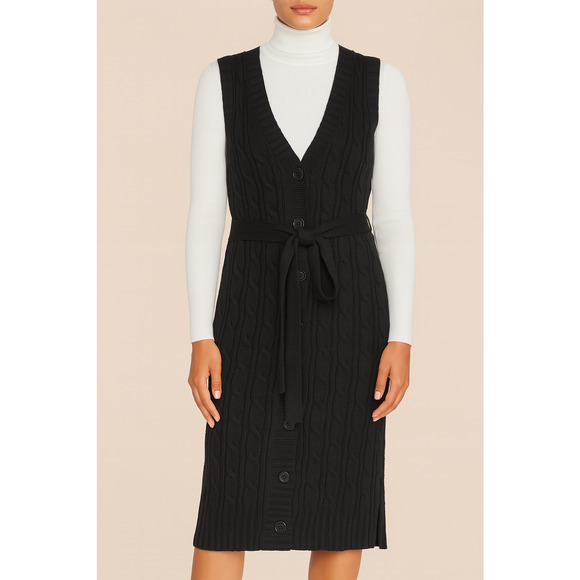 Style & Co Sweater Vest Midi Dress Womens Medium Black Cable Knit Button Belted - Picture 1 of 9